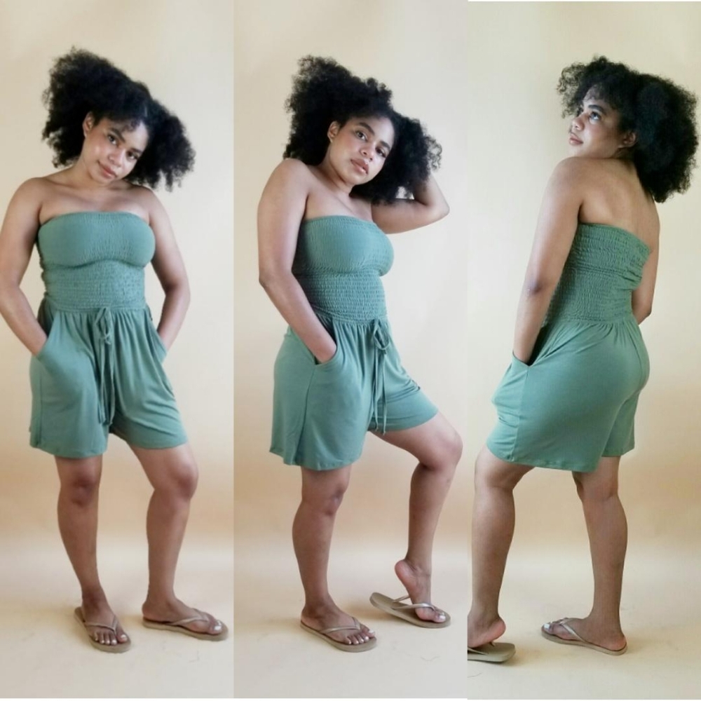 Smocked Tube Top Romper Olive Green